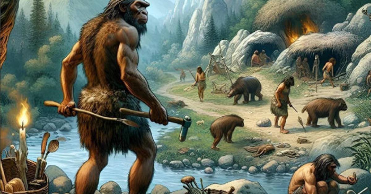 Neanderthal daily life image produced by Generative AI.
