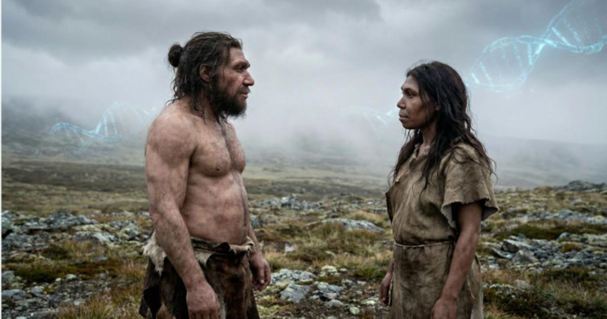 A Neanderthal man meeting a homo sapiens woman. 