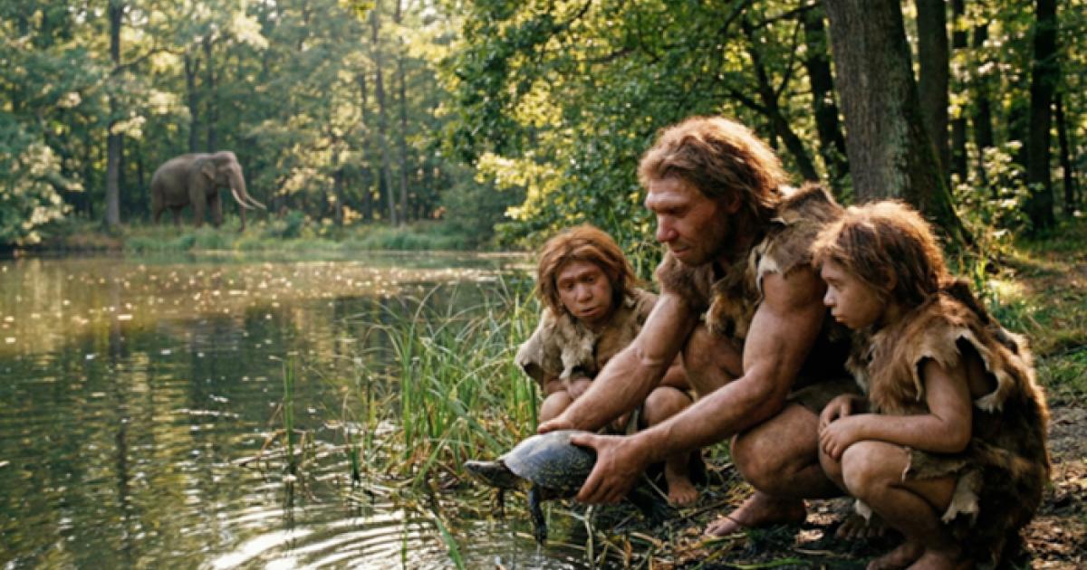 Representation of Neanderthal man and children at a pond hunting turtles. 