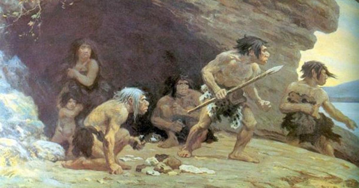 Portrayal of Neanderthal Flintworkers, Le Moustier Cavern, Dordogne