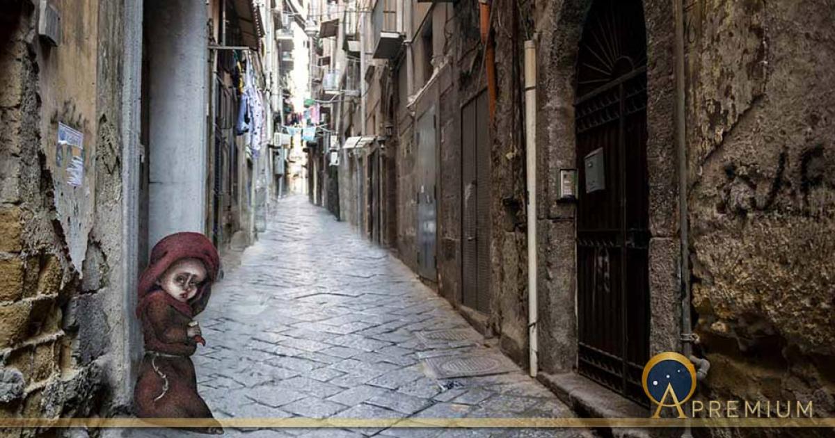 Scenic view of typical narrow alleyway lined laundry lines in the Medieval Centro Storico of Naples ( lazyllama/ Adobe Stock) and Munaciello according to popular imagery ( Lady of a times /CC BY-SA 4.0)