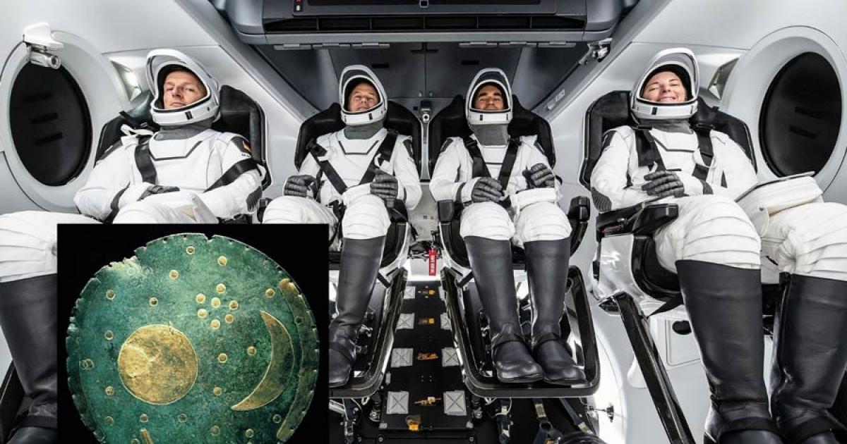 The astronauts in the Nebra Sky disk spaceflight, which is also known as the Cosmic Kiss mission, with German astronaut Matthias Maurer on the far left.		Source: Dbachmann / CC BY-SA 3.0 / ESA