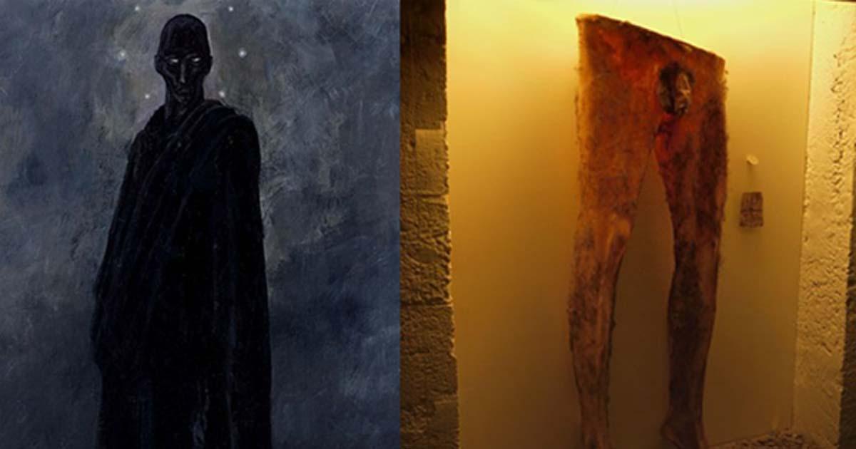 "The Black Man", an aspect of Nyarlathotep as described by H. P. Lovecraft in "The Dreams in the Witch House" (1932). (Jens Heimdahl/CC BY SA 4.0) A replica of necropants at The Museum of Icelandic Sorcery & Witchcraft in Holmavik, Iceland. At the right of the pants is the magical symbol (nábrókarstafur) that is part of the ritual and at its feet are coins. The exhibit is behind glass and lit from above with a harsh yellow light. (Bernard McManus/CC BY 2.0)