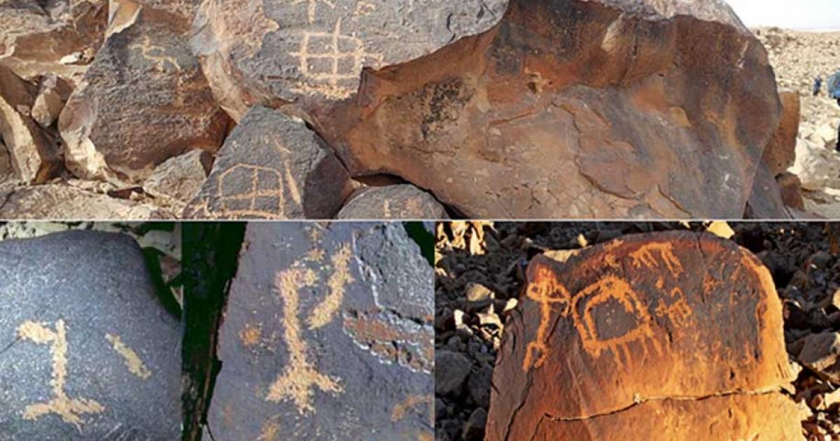 Top: A petroglyph portrays multiple symbols on Har Karkom ridge, Israel. (CC BY-SA 4.0). Bottom left: Instances of names of god found in rock art of the Negev as sited by Yehuda Rotblum.