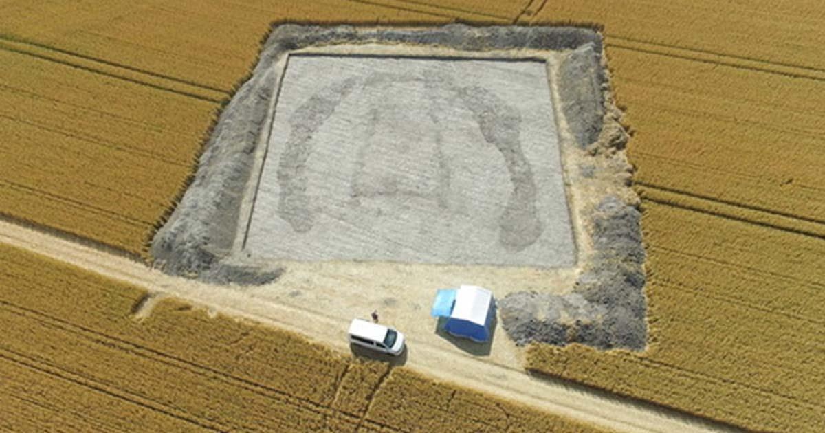 Archaeologists looking at aerial photography found a hidden long barrow, or Neolithic burial chamber, hidden beneath a wheat field Credit: Archaeological Field School, University of Reading