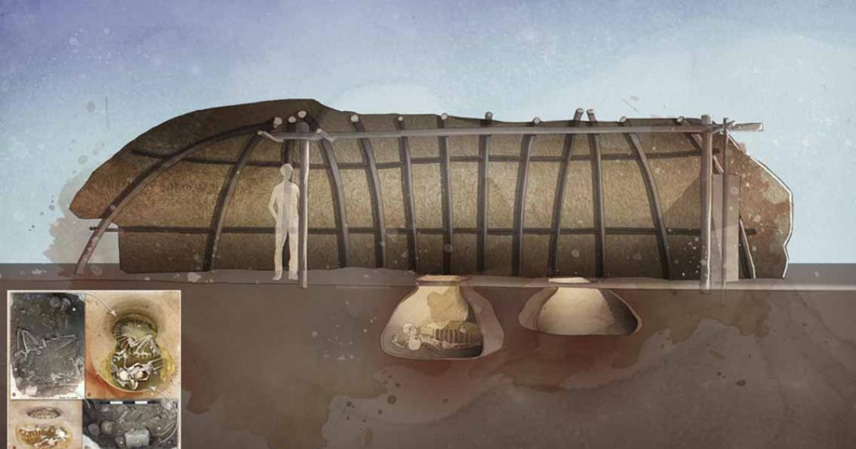 The tomb containing the three skeletons, two of which are thought to be victims of Neolithic ritual sacrifice was built in the style of a silo, or pit for storing grain, within a small wooden structure and surrounded by a trench.         Source: Ludes et al/ Science Advances