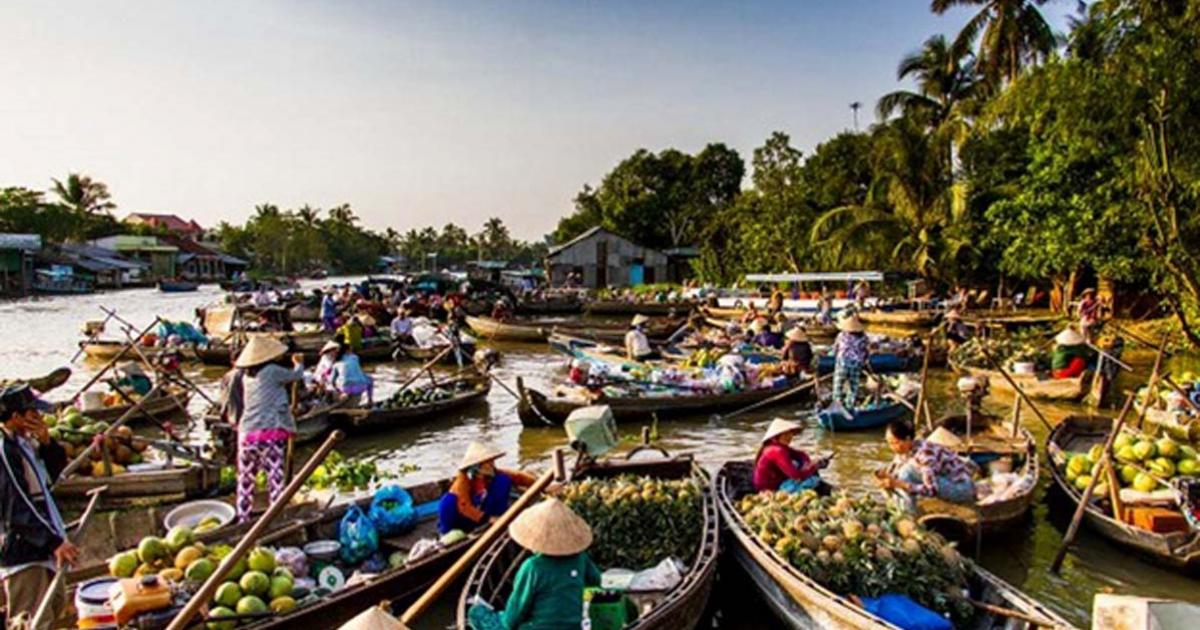 Modern Mekong Delta floating market, Vietnam. Still an area of extensive trade.