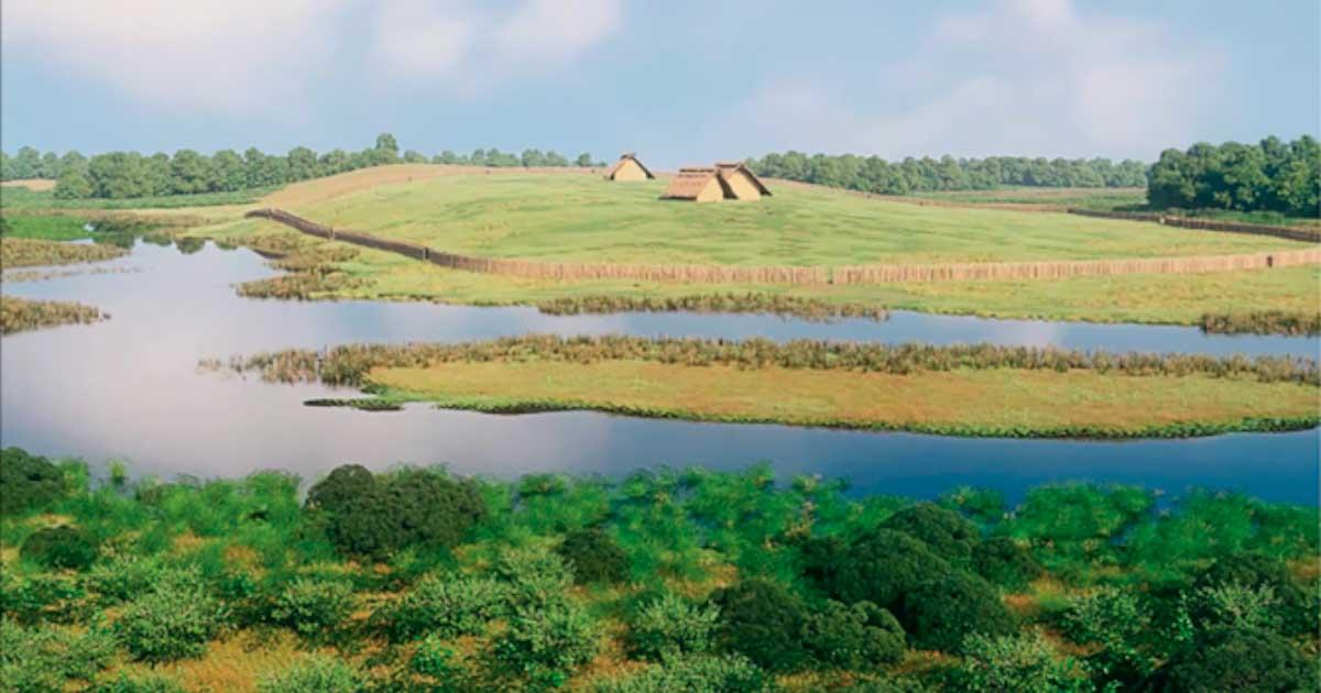 3D reconstructions of the enclosure of Le Peu and its environment from archaeological data. Source: © Archeovision Production 2018/ Antiquity Publications Ltd