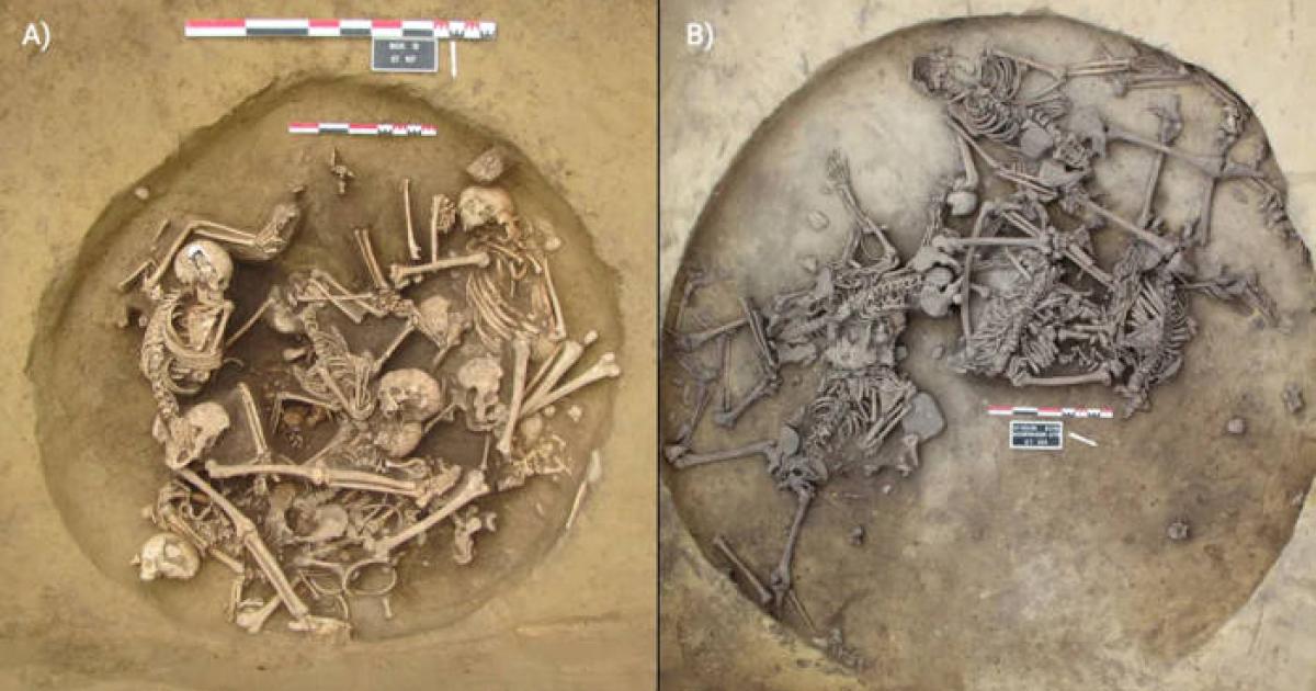 Overhead views of pits 157 (Bergheim) and 124 (Achenheim), Alsace, France, showing “violence-related human mass deposits.” 