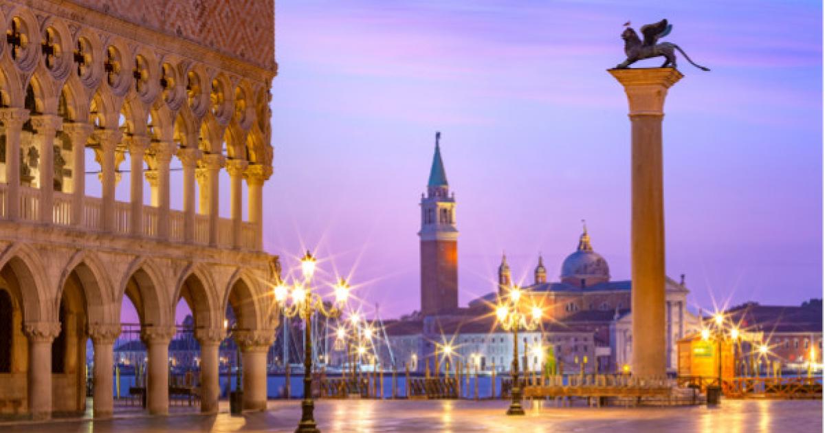The ‘Lion of Venice’ column in St Mark’s Square, Venice.