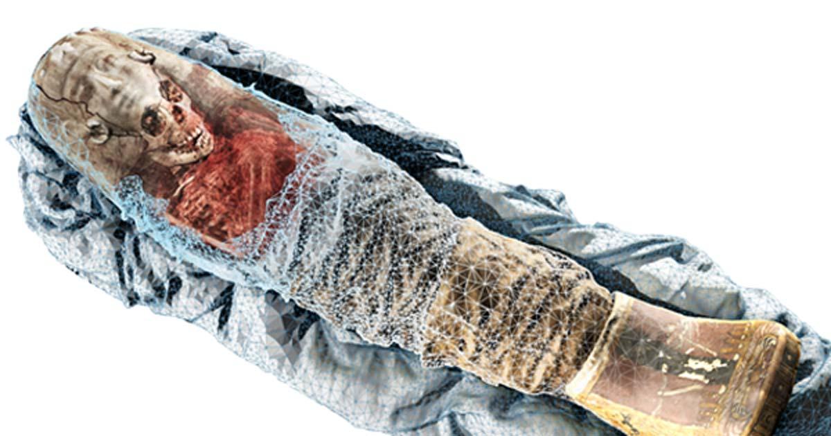 The CT scans were merged with 3D scans of the child mummy's surface to create a single 3D model. 