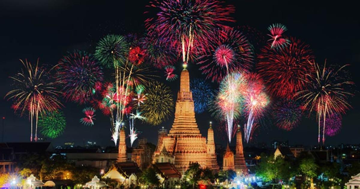 A firework show at the Temple of Dawn in Thailand
