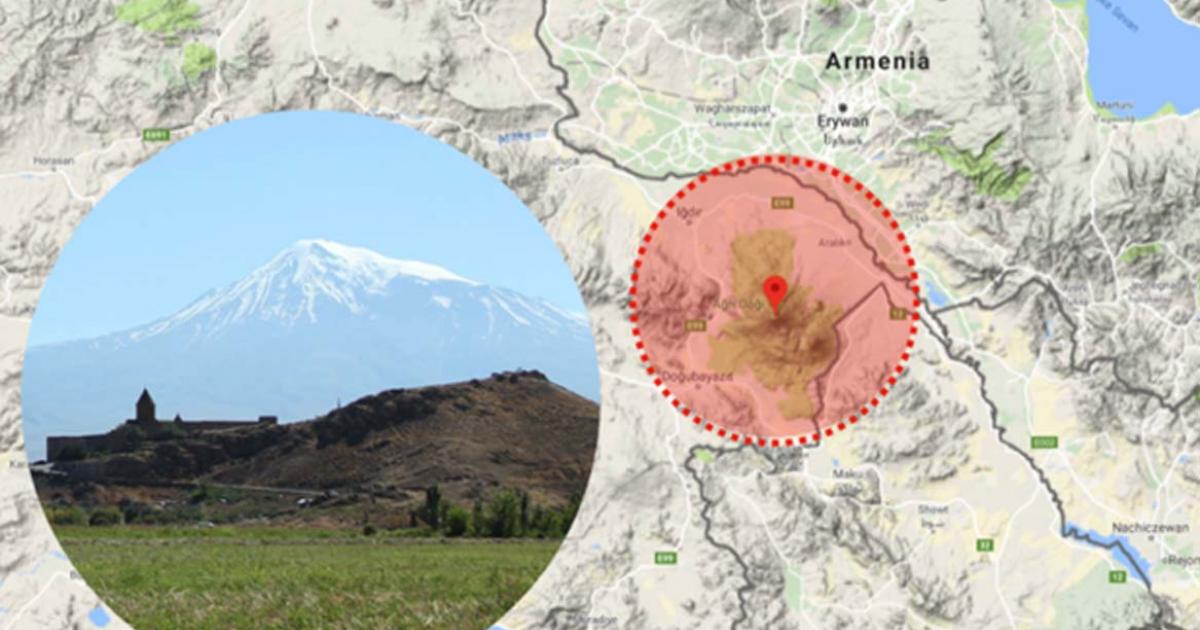 Mount Ararat is located near the border between Armenia and Turkey. Insert: Image of Mount Ararat.
