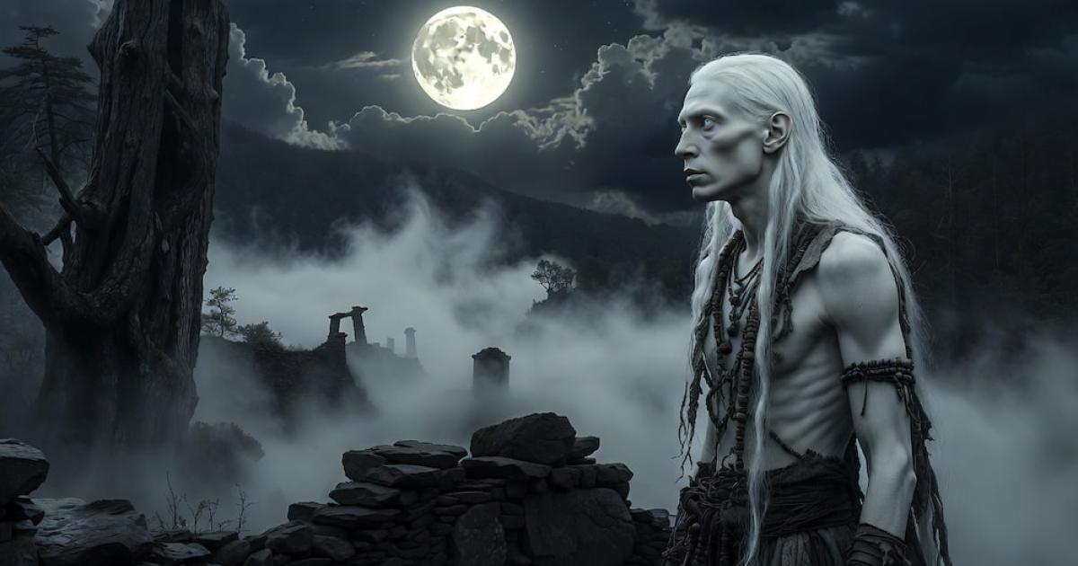 A hauntingly beautiful AI-generated image in landscape format: Under a luminous full moon, a pale-skinned albino Native American with long white hair stands guard among ancient stone ruins in the misty Appalachian Mountains.