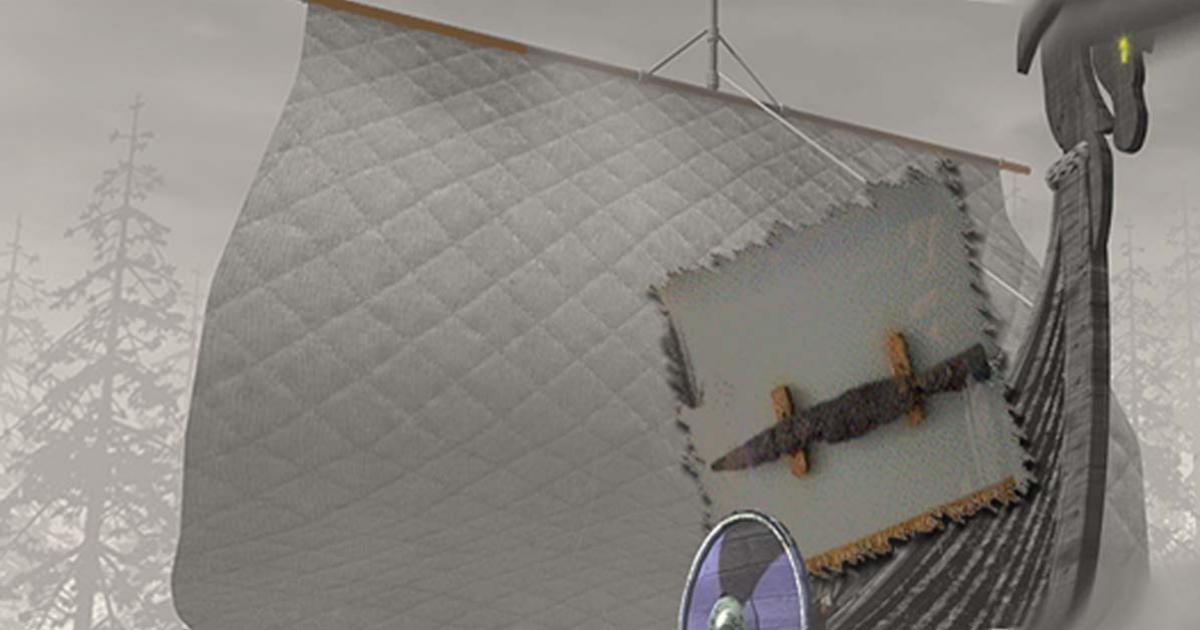 The Norse spearhead from Charles Point on an image of a Viking Ship.