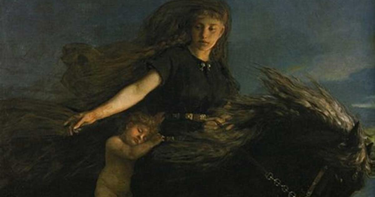 ‘Nótt riding Hrímfaxi’ by Peter Nicolai Arbo. Nótt is the daughter of a jötunn from Jötunheimr by the name of "Norfi or Narfi." 