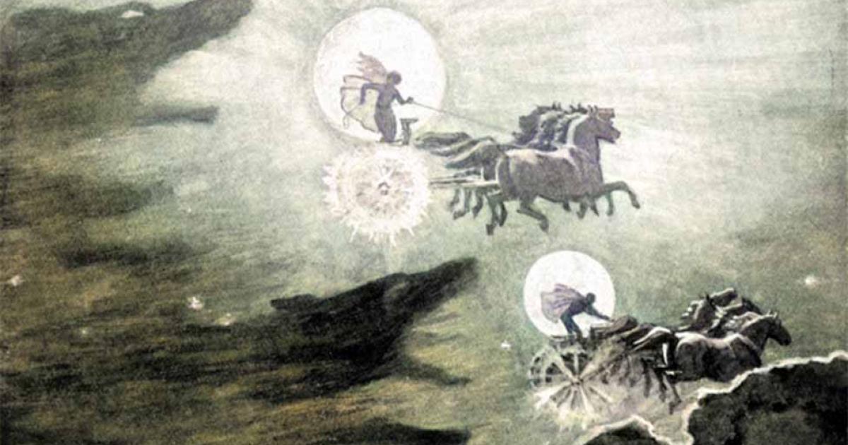The Wolves Pursuing Norse sun and moon gods Sol and Mani            Source: John Charles Dollman, 1909, Public Domain, colorized
