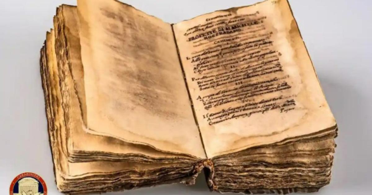 This Italian copy of the Nostradamus manuscript was stolen in the mid-2000s from a library in Rome, but a member of the Italian military’s Cultural Heritage Conservation Command (Carabinieri) spotted it online in a German auction and “saved” it.		Source: Carabinieri