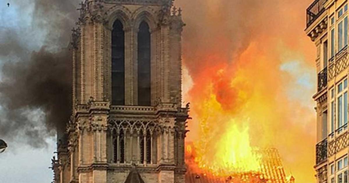 Fire in the frame of Notre Dame cathedral. 