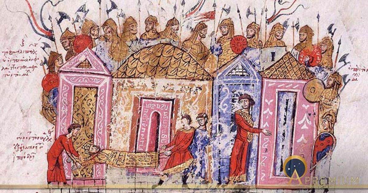 The body of Leo V is dragged to the Hippodrome through the Skyla Gate. Varangian Guardsmen, an illumination from the Skylitzes Chronicle; many if not most members of the Varangian guard were English after the 11th century (Public Domain)