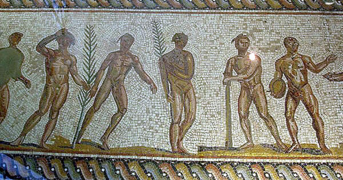 Mosaic floor depicting various athletes wearing wreaths. From the Museum of Olympics.  