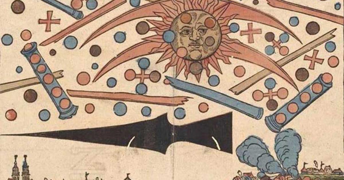 The celestial phenomenon over the German city of Nuremberg on April 14, 1561, as printed in an illustrated news notice in the same month. Source: Public Domain