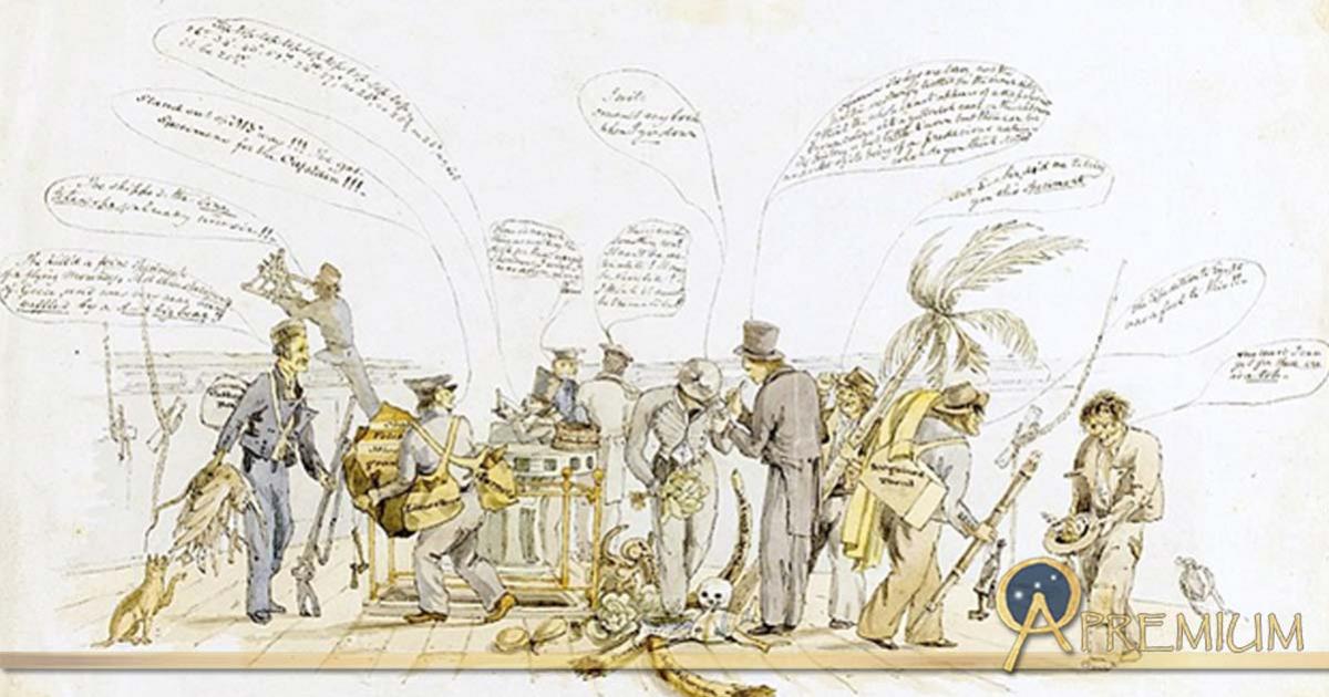 A caricature of the crew of HMS Beagle painted off the coast of Argentina (at Bahía Blanca) around 24 September 1832, presumed painted by the shipboard artist Augustus Earle. Described by Sotheby’s as "one of the earliest depictions of Darwin, the only image of him on the Beagle, and an exceptionally rare image of him at work as a naturalist". By  Augustus Earle (1793 – 1838)