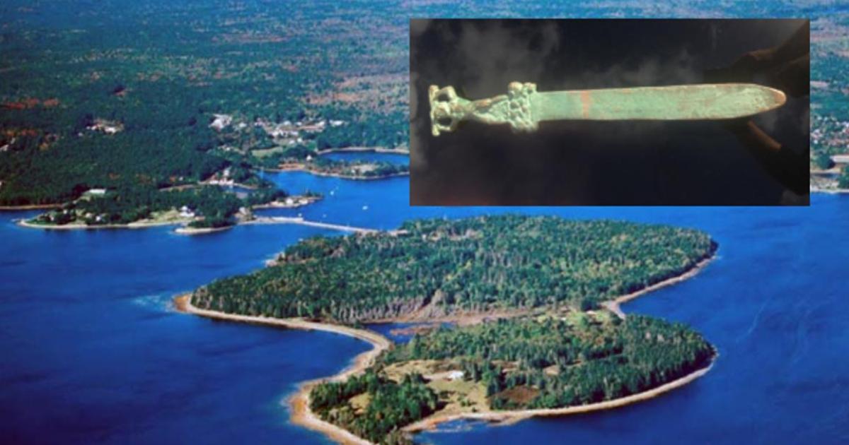 Main: Featured image: Oak Island, Nova Scotia, Inset: The Roman sword found in water just off the mysterious Oak Island, Nova Scotia.