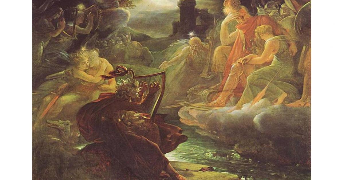 Ossian (Oisín) on the Bank of the Lora, Invoking the Gods to the Strains of a Harp, 1801. 