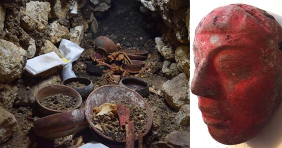 A stone cup in the center of burial 80 surrounded by bones during excavation. And the jade mask found in the burial, painted red with cinnabar paint