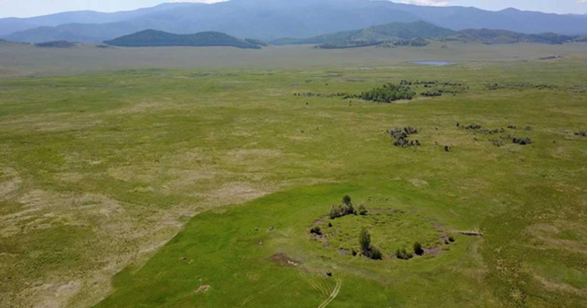 Aerial view of the burial mound Tunnug 1 (Arzhan 0). A distinct circle can be seen on one plane.