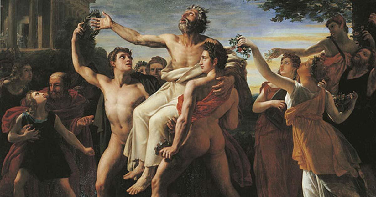 Triumphant Diagoras held aloft by his sons by Auguste Vinchon. 