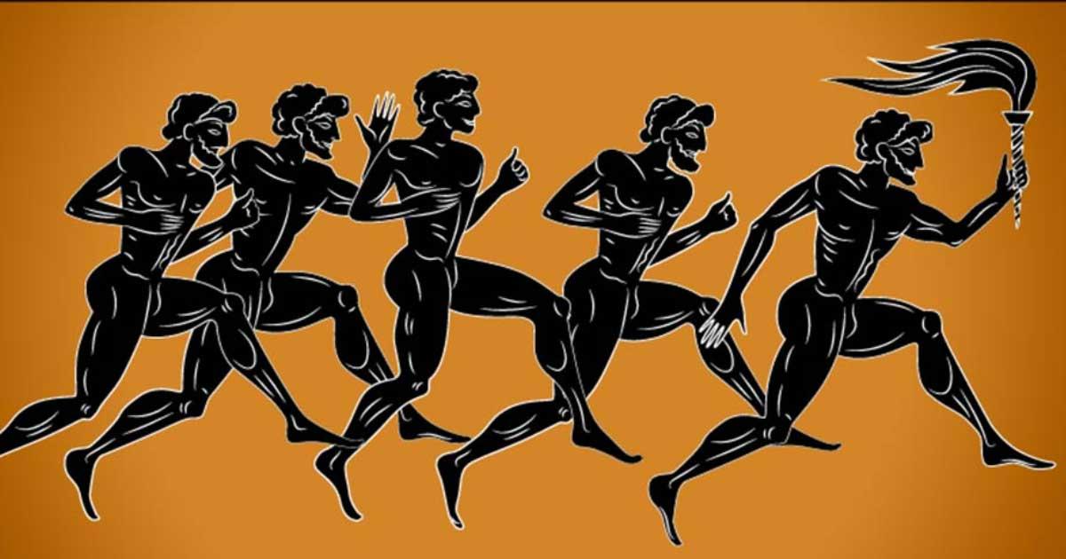 Black-figured runners with the torch. AI Illustration in the ancient Greek style.  Source: sebos / Adobe Stock    