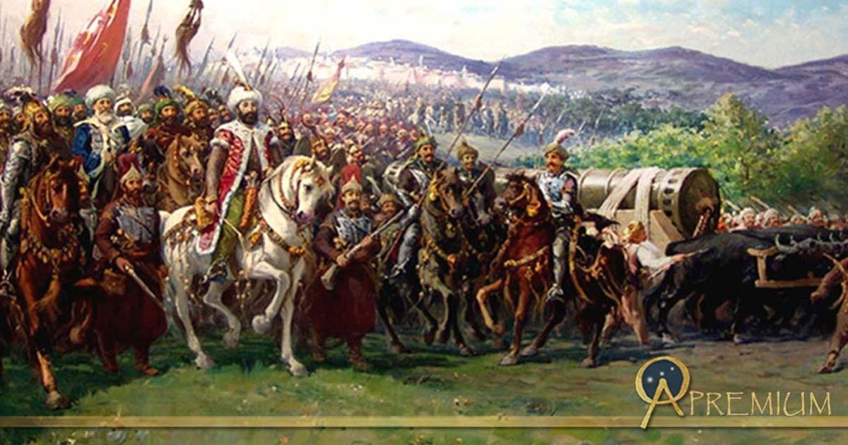 Modern painting of Mehmed and the Ottoman Army approaching Constantinople with a giant bombard, by Fausto Zonaro