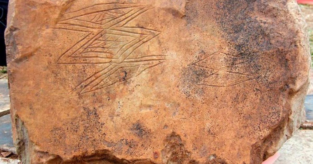 A closeup of the incisions on the Bay of Skaill stone recently found just next to Skara Brae