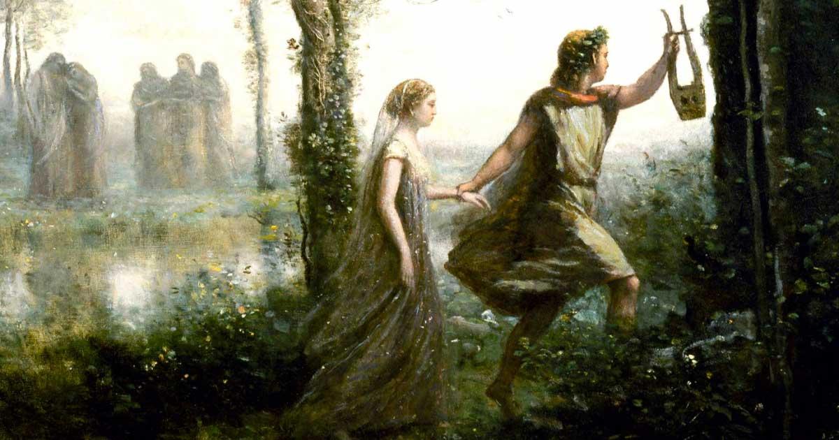 Detail from 'Orpheus Leading Eurydice from the Underworld' by Jean-Baptiste-Camille Corot, 1861. Public Domain