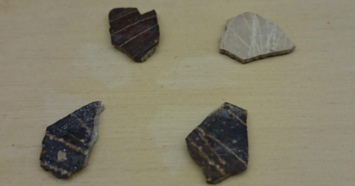 Engraved ostrich eggshell from Diepkloof, Western Cape; dated 55–65k years old.