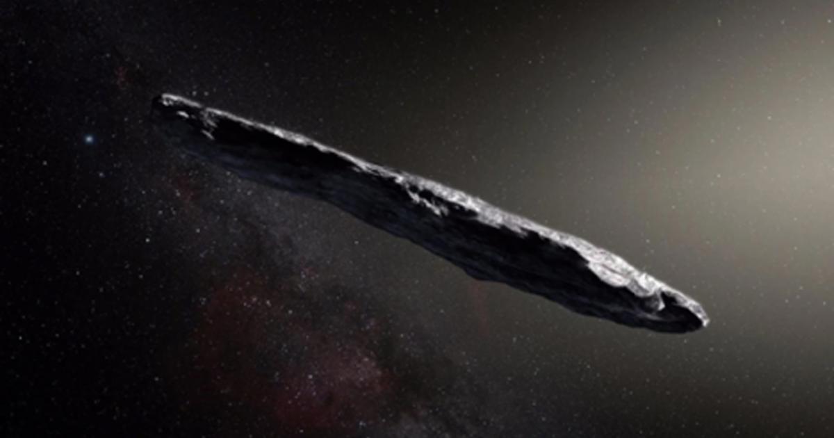 An artist's interpretation of the strange cigar shape of ‘Oumuamua.’  Source: ESO/M. Kornmesser