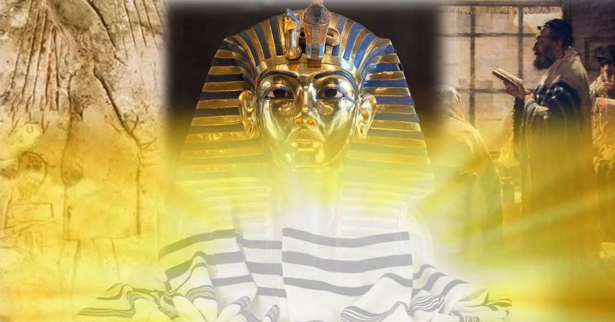 Montage showing Tutankhamun in the center, his royal nemes funerary mask grading into a similar Jewish tallit towards the bottom, with Akhenaten on the left and a Rabbi on the right, all infused with a divine light. 
