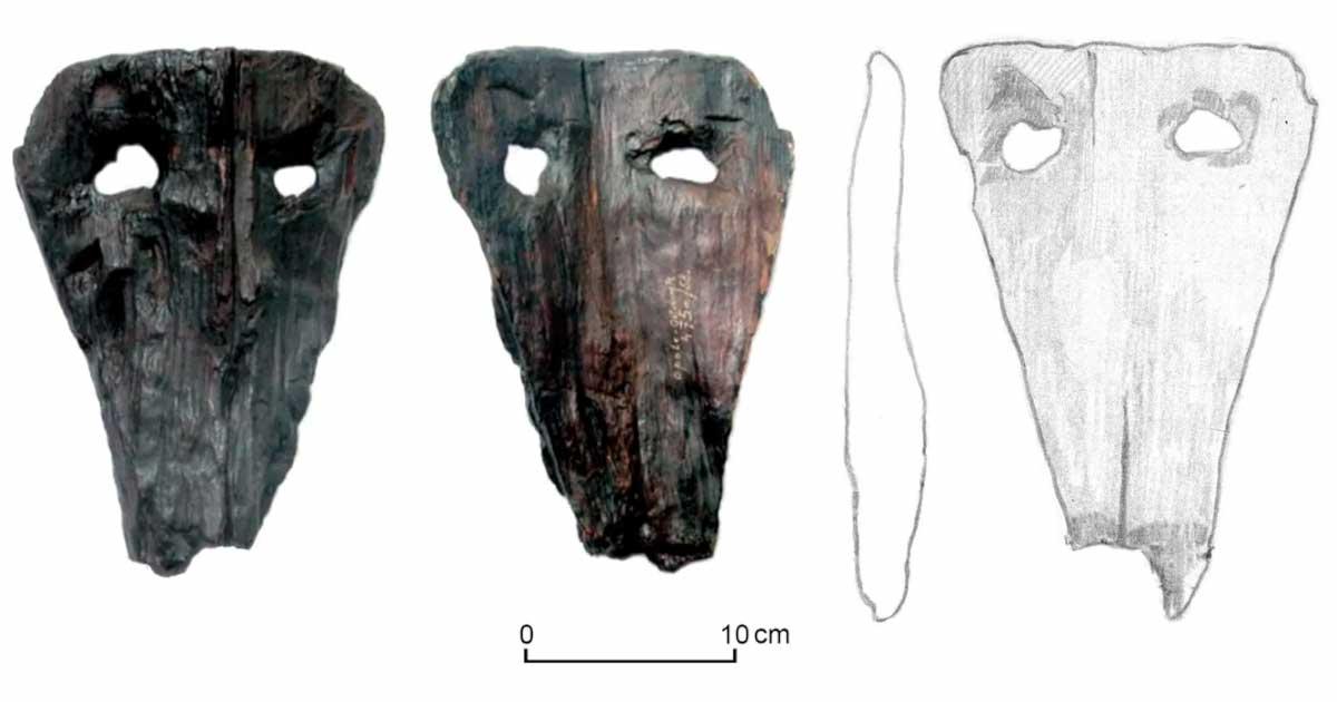 Opole-Ostrówek, wooden "mask" from the mid-12th century. (Karol Szott/Kamil Kajkowski, "Masks from Opole in the context of Medieval Slavic rites", Archaeologia Polski 66, 2021, fig.3). Source: Archaeologia Polski/ CC BY 4.0