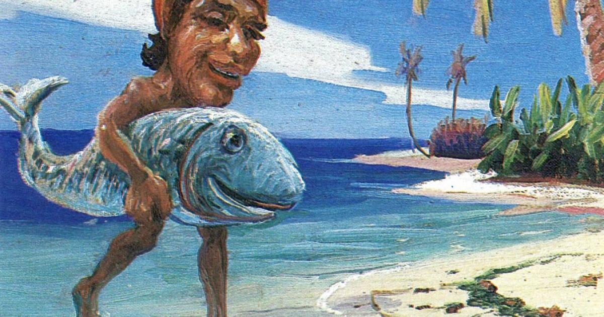 Painting of a Menehune or the first Hawaiian people from 1933 by D. Howard Hitchcock.