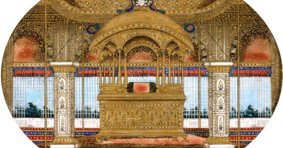 Painting of the second Peacock Throne from the Red Fort in Delhi, India. (1850) The first Peacock Throne was taken as a war trophy by the Persian King Nader Shah in 1739 and has been lost ever since. 