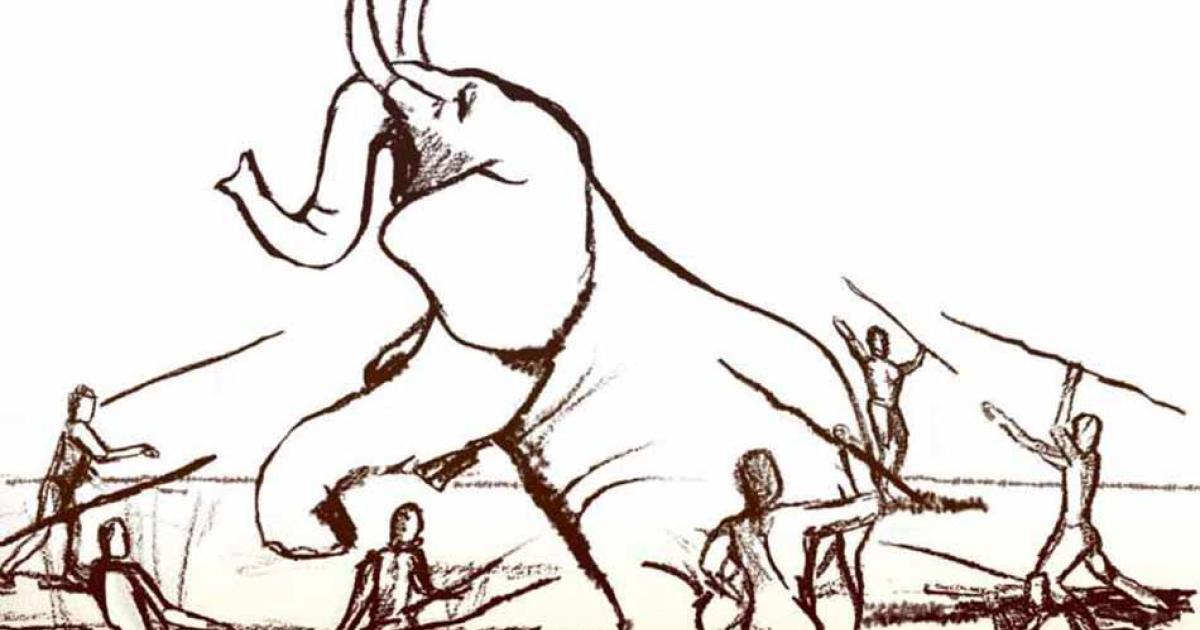 Illustration of Paleolithic elephant hunting using spears.     Source: Dana Ackerfeld/Tel Aviv University
