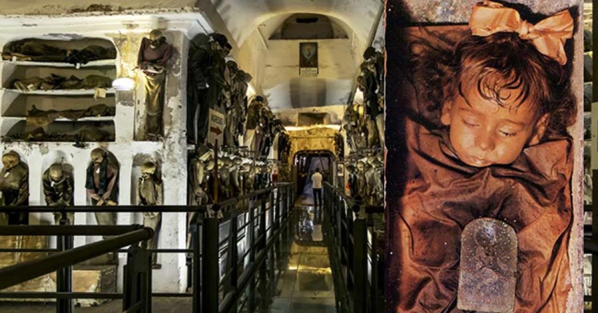 Inside the Palermo catacombs, Palermo, Sicily, Italy and an image of Rosalia Lombardo, who died in 1920, as she appeared in 1982. Source: toshket / Adobe Stock and Maria lo sposo assumed / Public domain