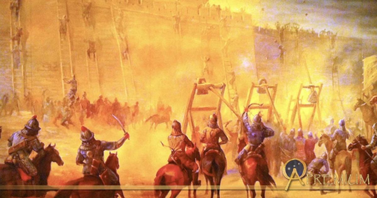 Mural of siege warfare, Genghis Khan Exhibit in San Jose, California, US 