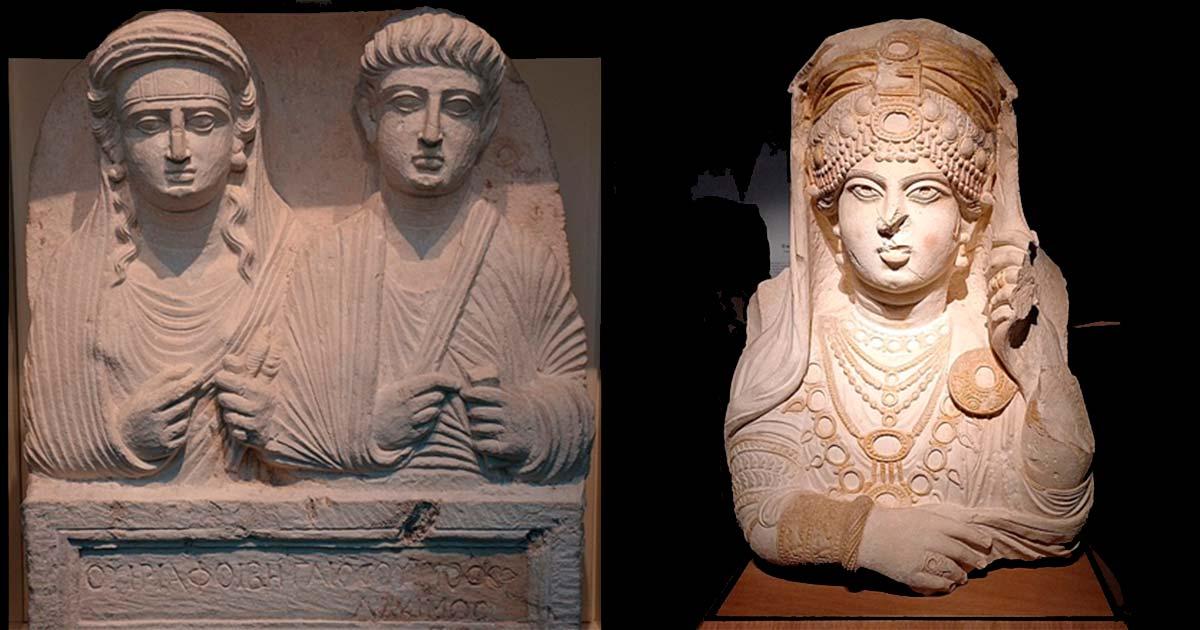 Limestone bust from a Palmyrene funerary relief; double bust of man and his wife; she is veiled with the fillet; wears drop ear-rings and two long curls of hair; holds in left hand distaff and spindle; he wears a toga and holds a strip of writing material in his right hand; inscription; 2 ll. Inscription: OYIPIA ( ) OIBH () AIOCOYIIOC () KIMOC - Viria Phoebe and Gaius Vurus. Left: Bust of a noblewoman nicknamed "Beauty of Palmyra” Copenhagen, Denmark.	Source:  Carole Raddato from FRANKFURT, Germany/CC BY-SA