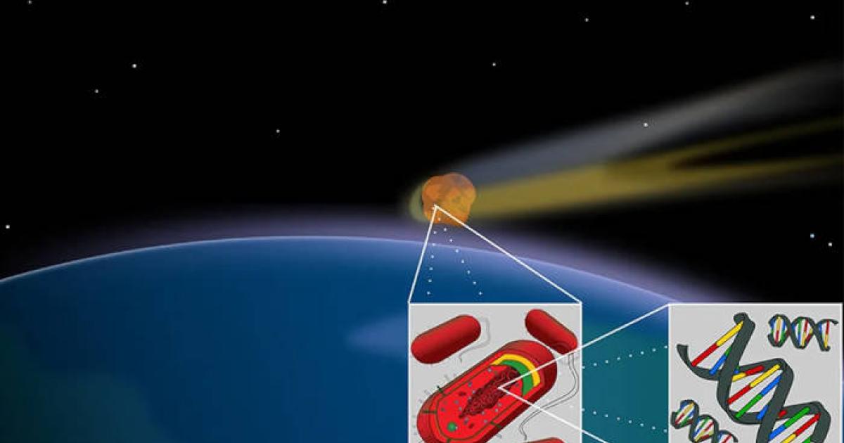 Artistic representation of cometary panspermia delivering life across the cosmos.