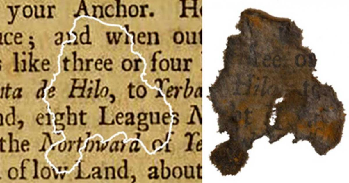 A fragment of paper discovered on Blackbeard's flagship Queen Anne’s Revenge, compared with the book it was determined to be from. Credit: North Carolina Department of Natural and Cultural Resources
