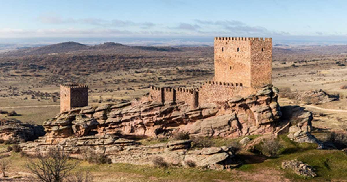 View of the Castle of Zafra, Campillo de Dueñas, Guadalajara, Spain. The castle was built in the late 12th or early 13th centuries 