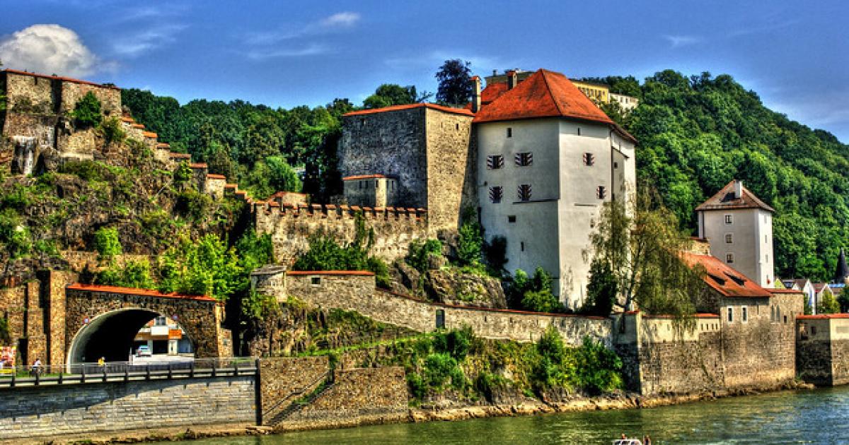 Medieval style buildings in Passau where three people were found dead, shot by crossbow